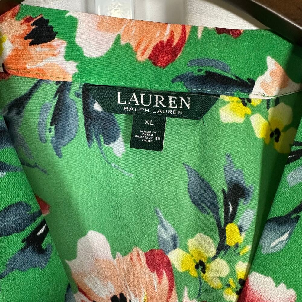 Lauren Ralph Lauren Green Floral V-neck Drop Shoulder Blouse XL Career School - Picture 2 of 10